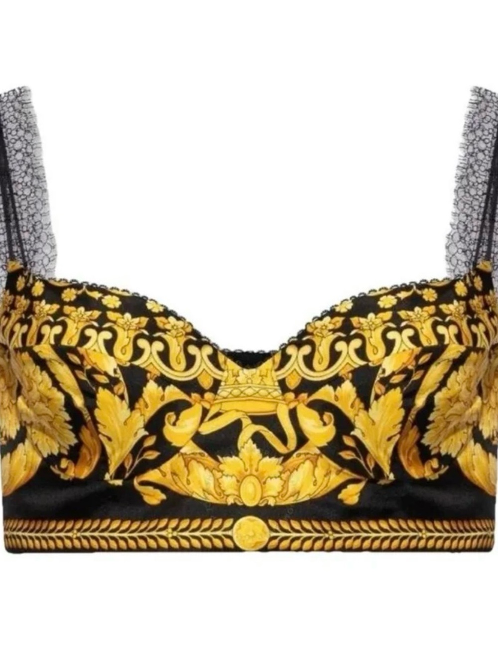 Versace Black and Gold Baroque Lace-Trim Crop Top